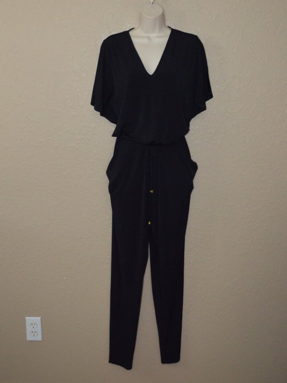 Sz S Michael Kors Black V Neck Split Sleeve Drawstring Waist Jumpsuit